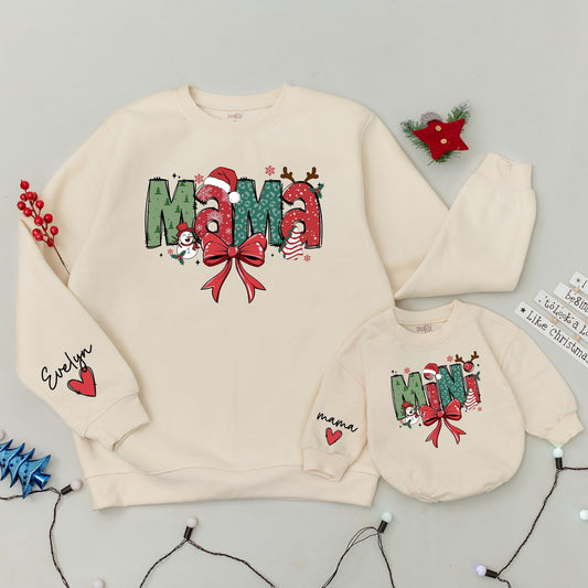 Mama and Mini Claus Matching Christmas Sweatshirt Red Green White Snowflake Tree Antler Ribbon Family Holiday Outfit Mommy and Baby Festive Cozy Gift