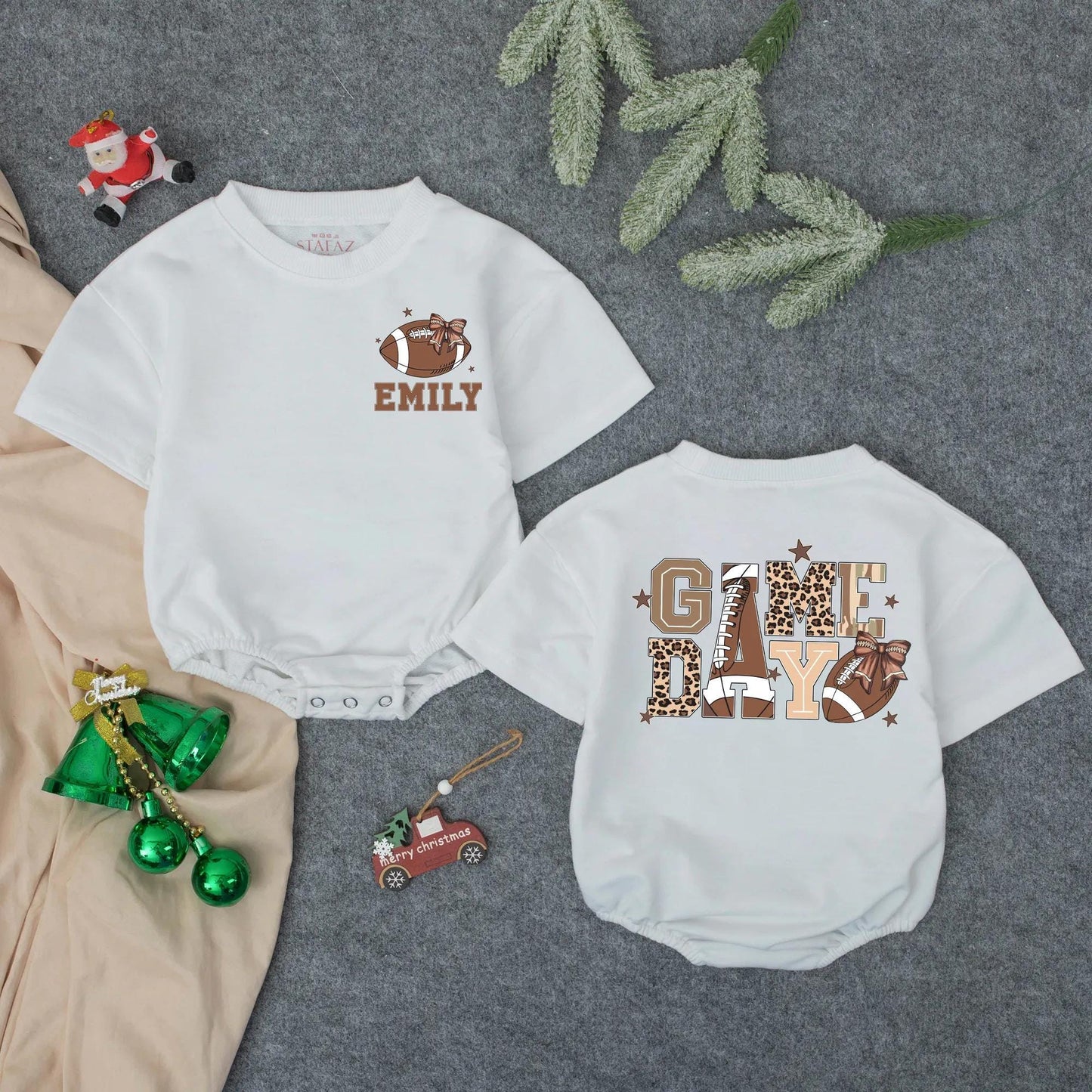 Custom Name "EMILY" Pink Football Baby Romper Cute Sporty Game Day Girl Outfit with Bows and Stars Toddler Infant Outfit