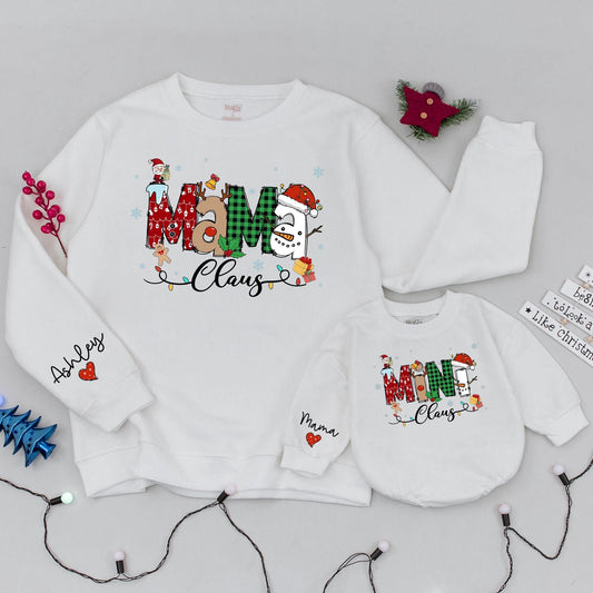 Mama and Mini Claus Matching Christmas Sweatshirts Whimsical Santa Snowman Holiday Outfits Cozy Family Festive Mommy Baby Gift