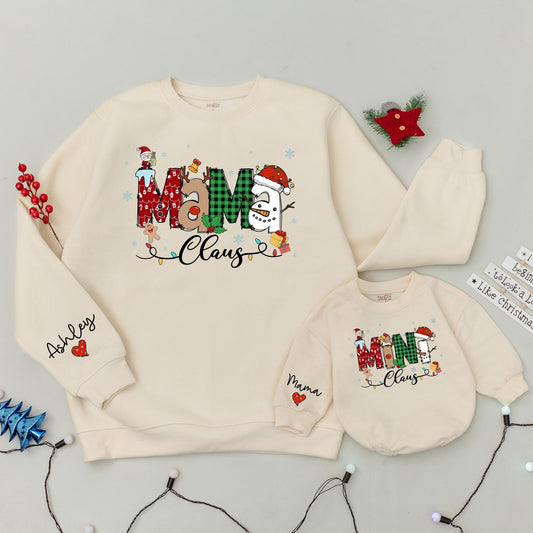 Mama and Mini Claus Matching Christmas Sweatshirts Whimsical Santa Snowman Holiday Outfits Cozy Family Festive Mommy Baby Gift