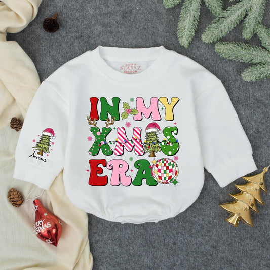 Aurora Groovy Retro Christmas Romper Personalized First Christmas Outfit for Baby Girls with Disco Ball and Trees