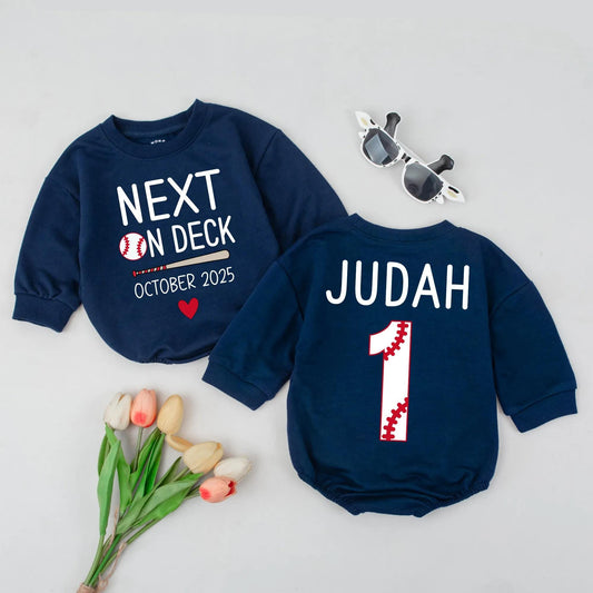 Custom Next on Deck Baby Announcement Romper October 2025 Baseball Theme Coming Home Outfit Personalized Newborn Gift