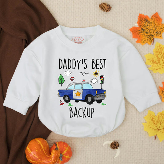 Daddy's Best Backup Whimsical Police Car Baby Boy Bubble Romper Soft Cotton New Dad Gift Baby Shower Coming Home Announcement Outfit
