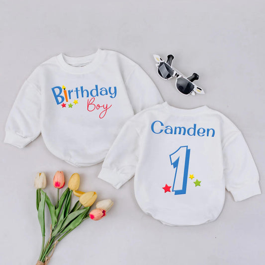 First Birthday Boy Romper: 'Birthday Boy' in Blue & Red, with Stars! Custom Camden '1' Outfit, Cake Smash, 1 Year Old Gift