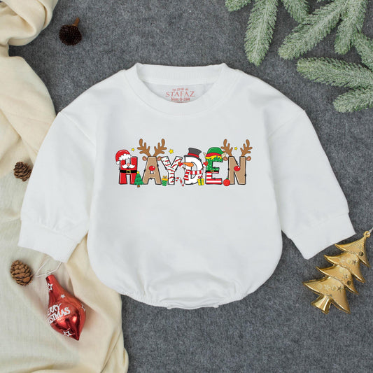 Personalized "HAYDEN" Christmas Romper: Festive Baby Boy Outfit, My First Christmas Sweatshirt, Holiday Fun! Red, Green, Brown & White Colors - Winter Gift (138)