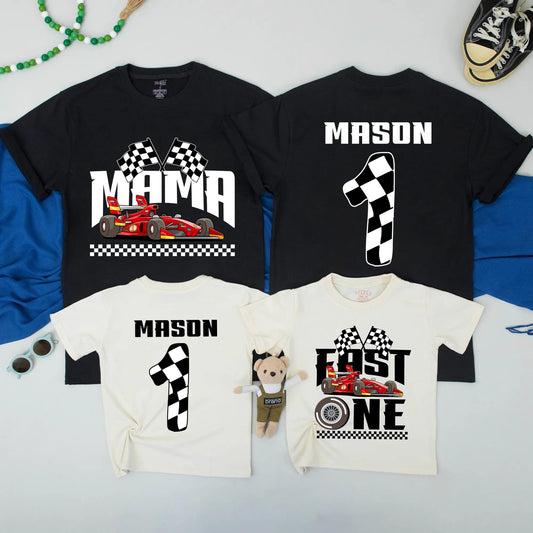 Race Car Birthday Family Matching Shirts, Fast One Boy's 1st Birthday Outfit, Custom Mama Sweatshirt, Chequered Flag Design