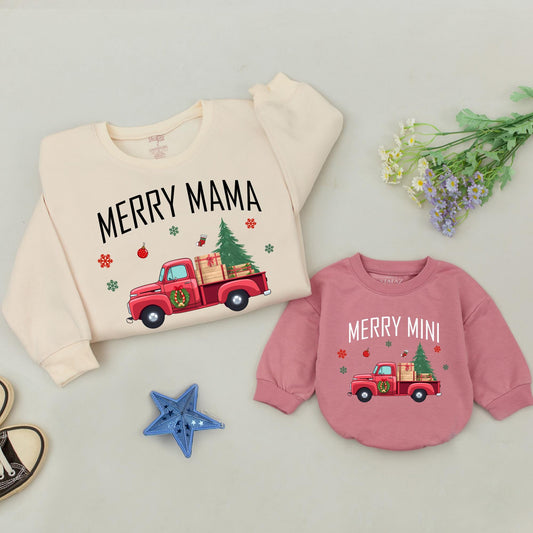 Personalized Merry Mama Mini Sweatshirts Christmas Outfit Family Matching Mama and Me Sweaters Retro Truck Design Gift for New Mom