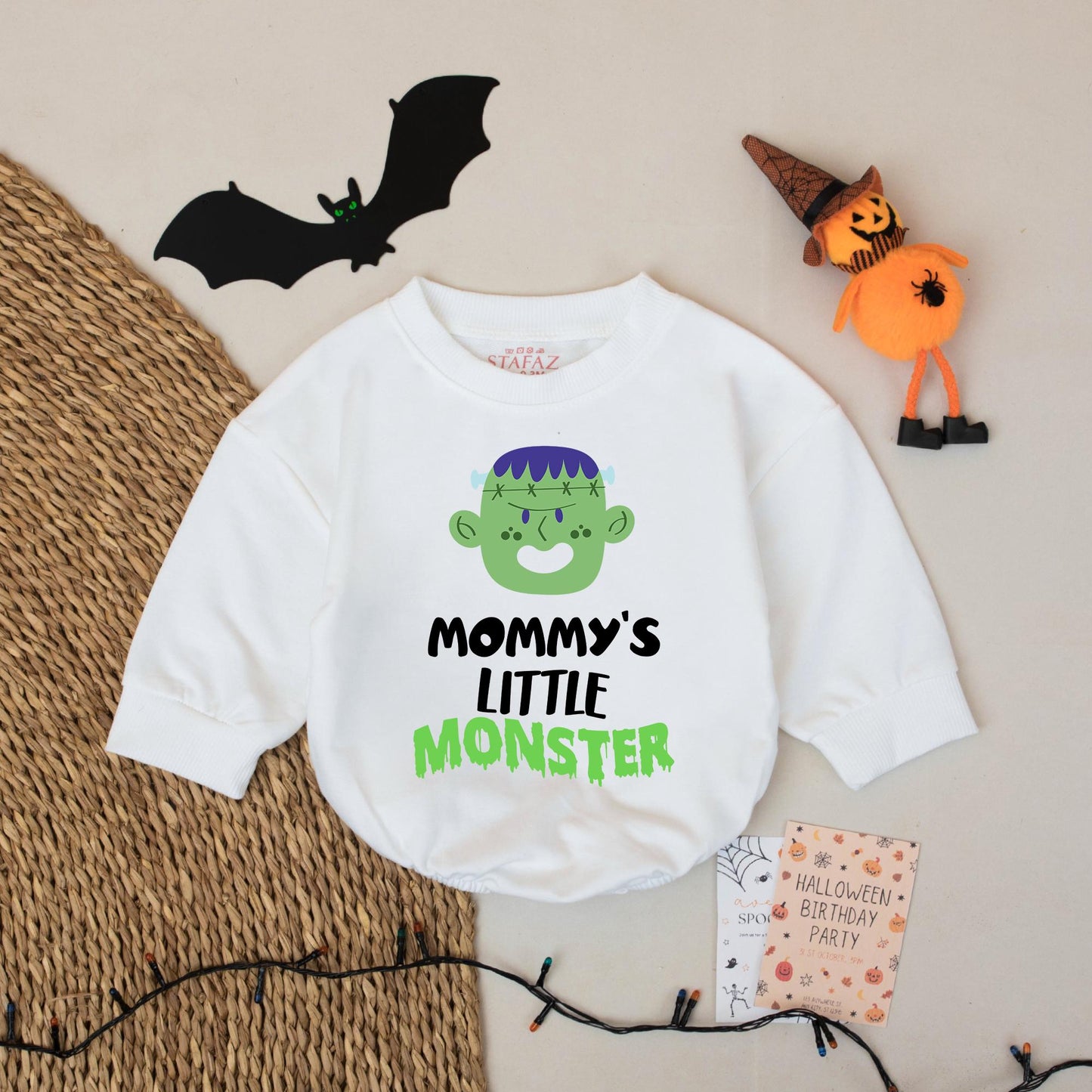 Mommy's Little Monster Halloween Baby Romper - Personalized Infant Frankenstein Outfit, Retro Spooky Costume, Custom Name Fall Clothes, Baby Shower Gift
