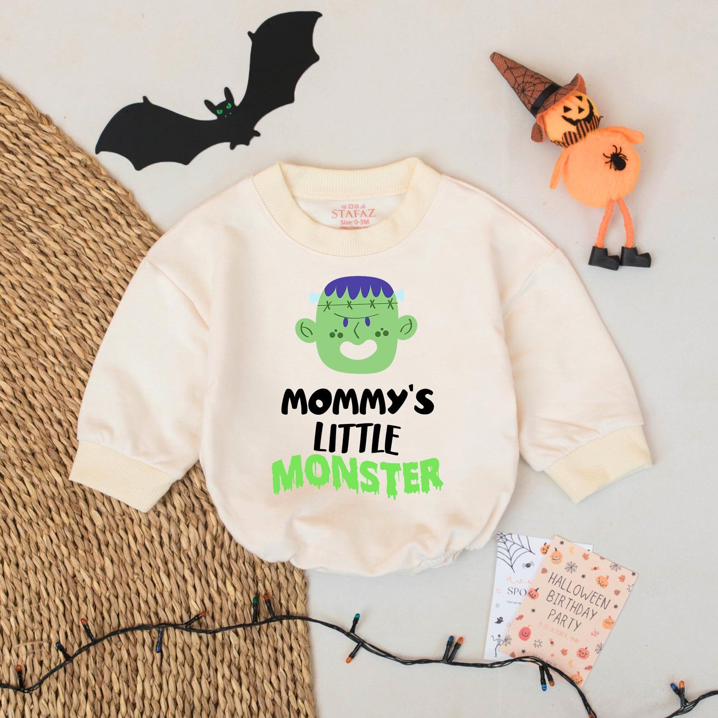 Mommy's Little Monster Halloween Baby Romper - Personalized Infant Frankenstein Outfit, Retro Spooky Costume, Custom Name Fall Clothes, Baby Shower Gift