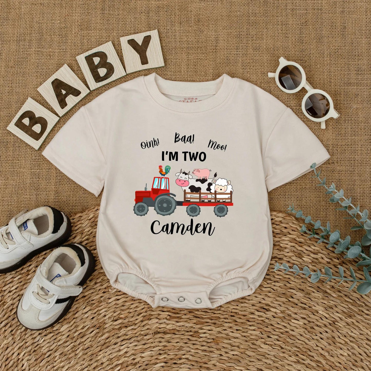 Personalized Oink Baa Moo I'm Two Red Tractor Farm Animal Birthday Shirt Toddler Boy Outfit Cute Cow Pig Sheep Rooster Tee Gift Idea Two Year Old