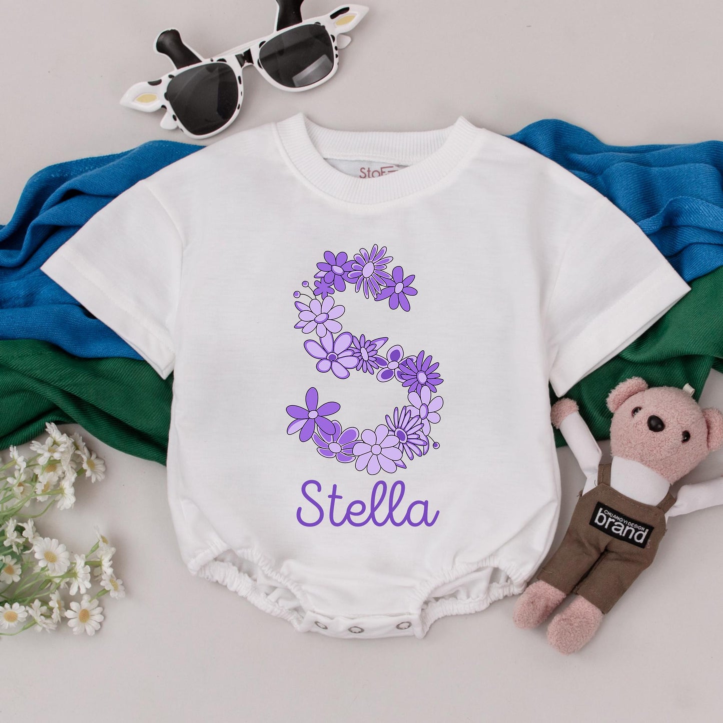 Stella's Purple Flower Romper, Personalized Floral Initial Baby Girl Outfit, Custom Birthday Clothes, Whimsical Cute Newborn Gift, Baby Shower Present (136 chars)