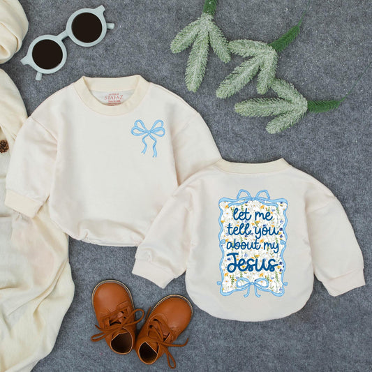 Baby Girl's 'Let Me Tell You About My Jesus' Romper - Light Blue Bow Design with Floral Accents, Infant Christian Faith Clothes, Religious Gift (139 chars)