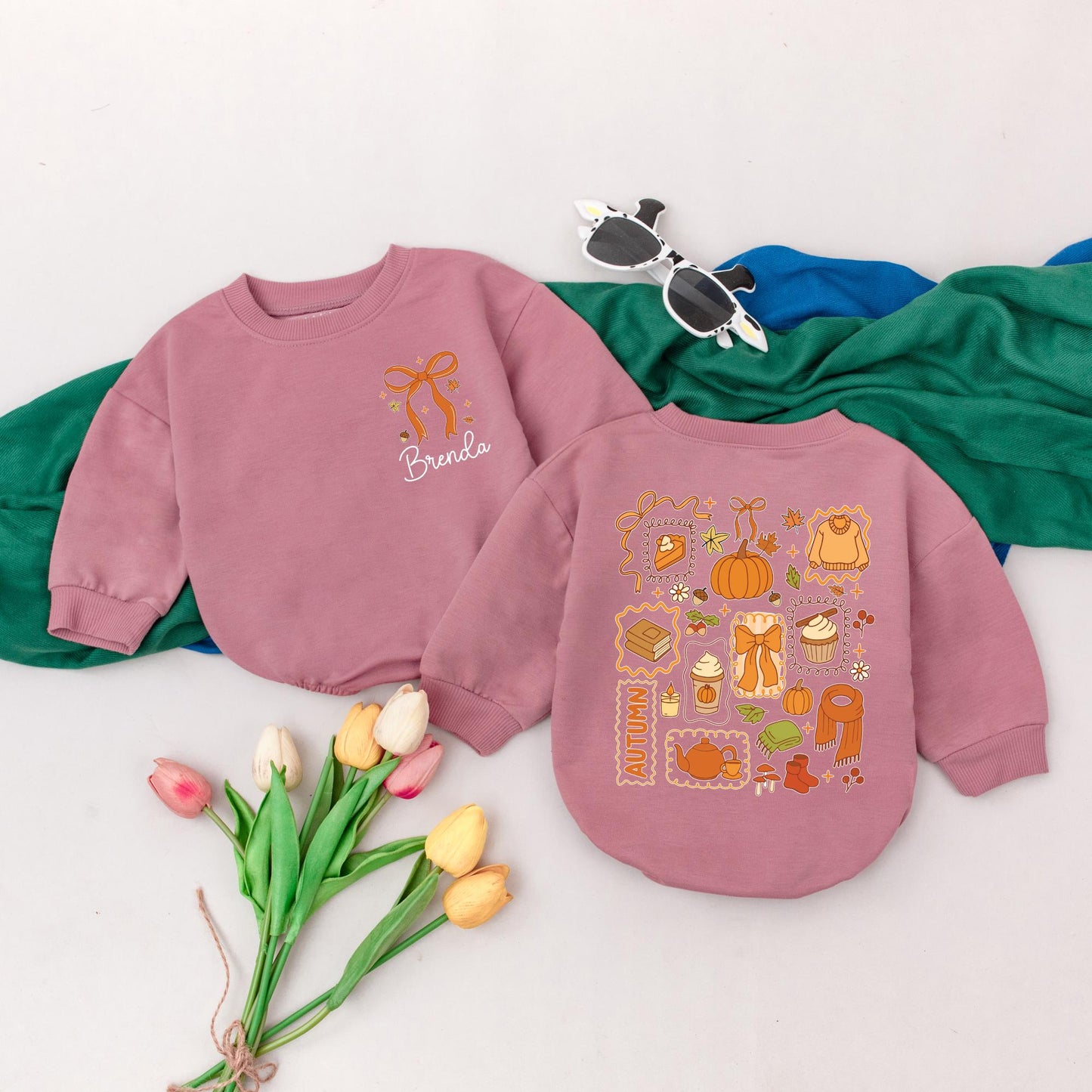 Personalized Brenda Ribbon Fall Romper Baby Girl Outfit Autumn Collage Bodysuit Custom Thanksgiving Gift Fall Baby Shower Gift