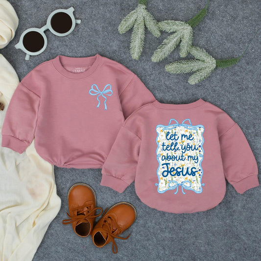 Baby Girl's 'Let Me Tell You About My Jesus' Romper - Light Blue Bow Design with Floral Accents, Infant Christian Faith Clothes, Religious Gift (139 chars)