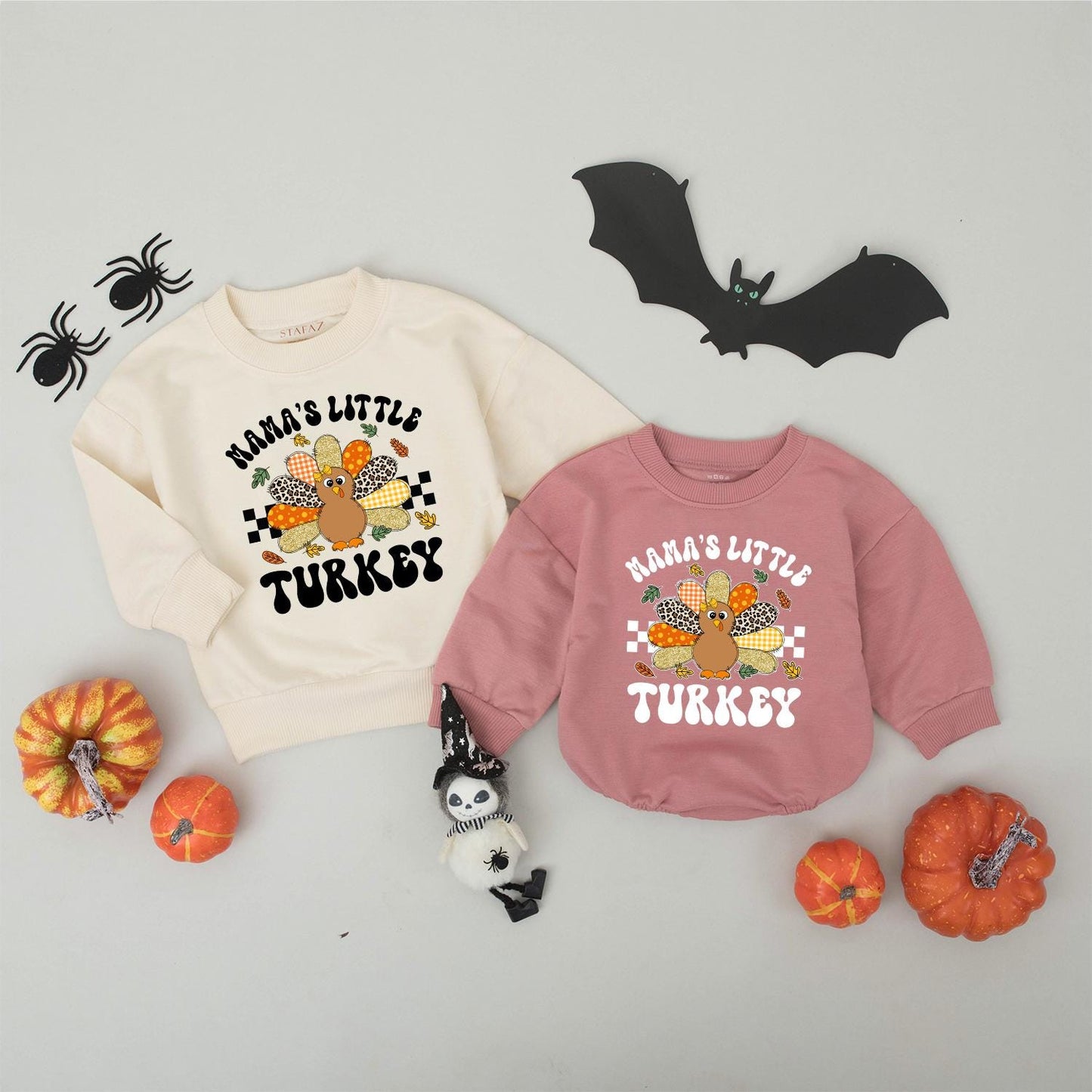 Mama and Little Turkey Matching Thanksgiving Sweatshirts Retro Gingham Leopard Polka Dot Feather Autumn Leaves Family Holiday Outfit