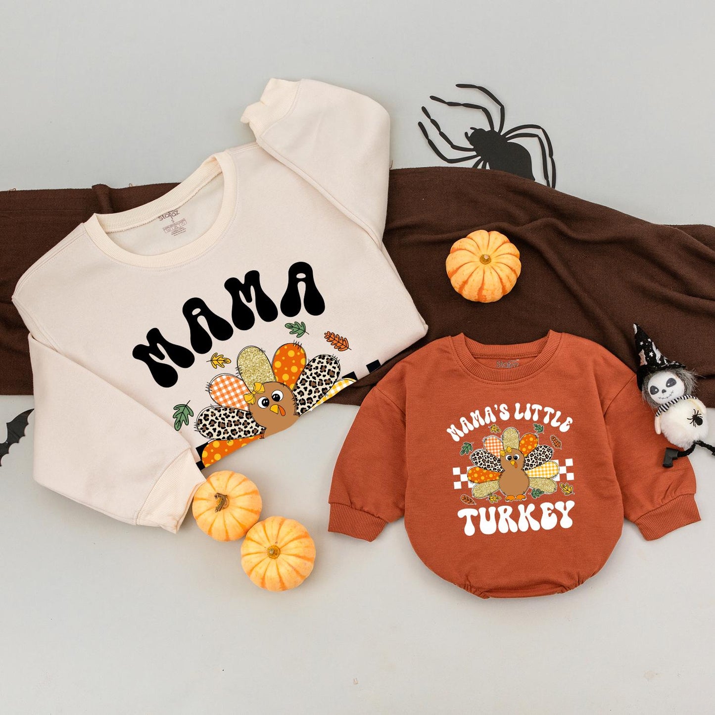 Mama and Little Turkey Matching Thanksgiving Sweatshirts Retro Gingham Leopard Polka Dot Feather Autumn Leaves Family Holiday Outfit