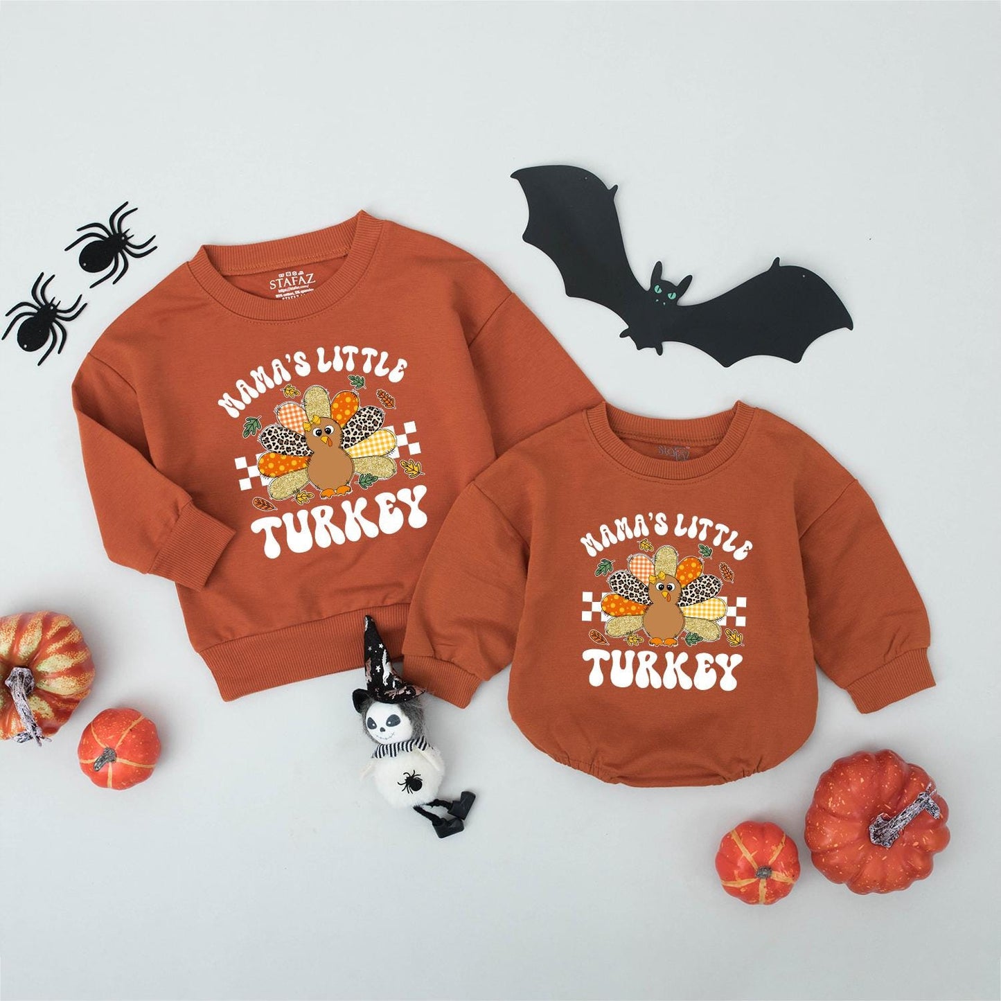 Mama and Little Turkey Matching Thanksgiving Sweatshirts Retro Gingham Leopard Polka Dot Feather Autumn Leaves Family Holiday Outfit