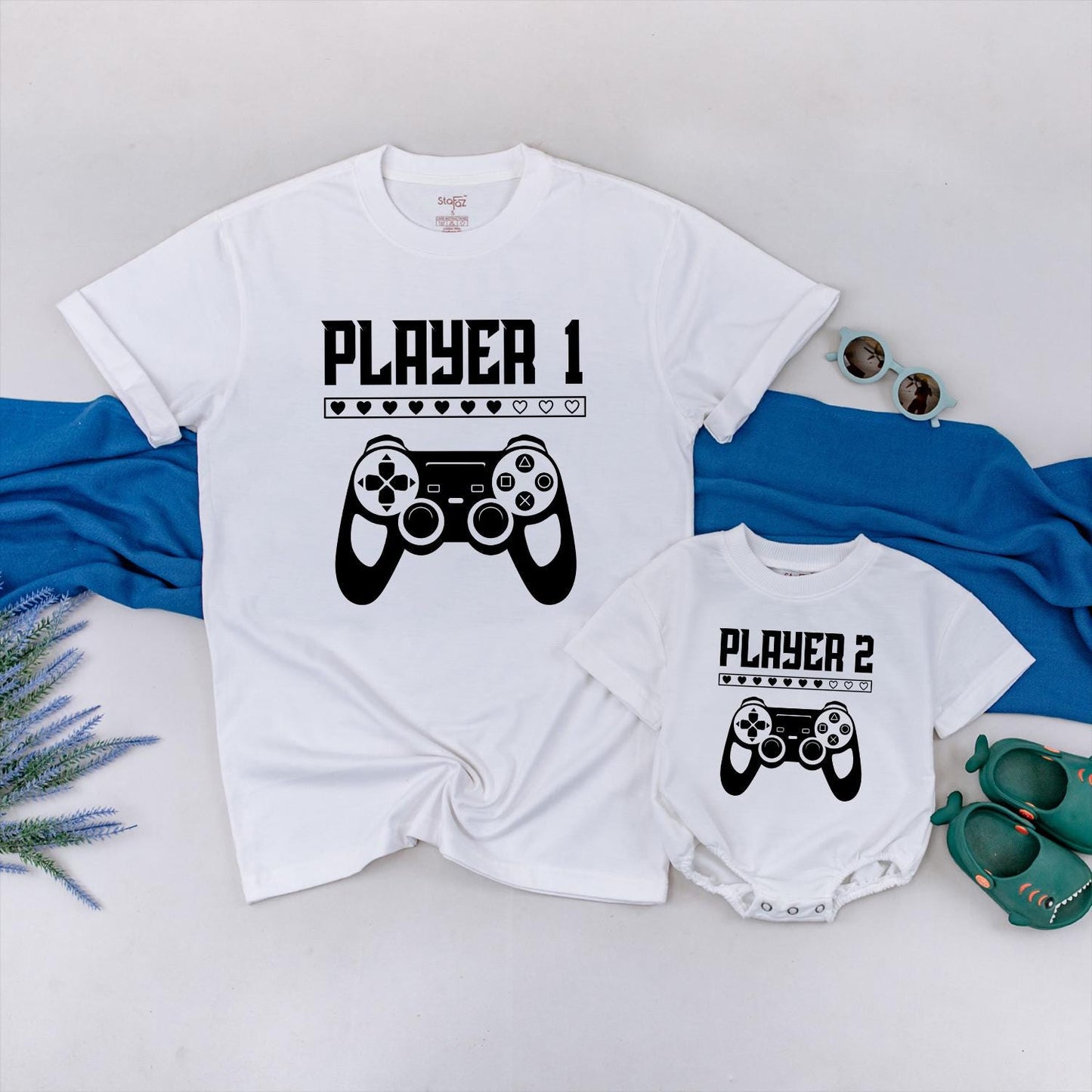 Player 1 Player 2 Matching Gamer Tees for Dad & Baby Video Game Controller Heart Design Father Son First Fathers Day Gift