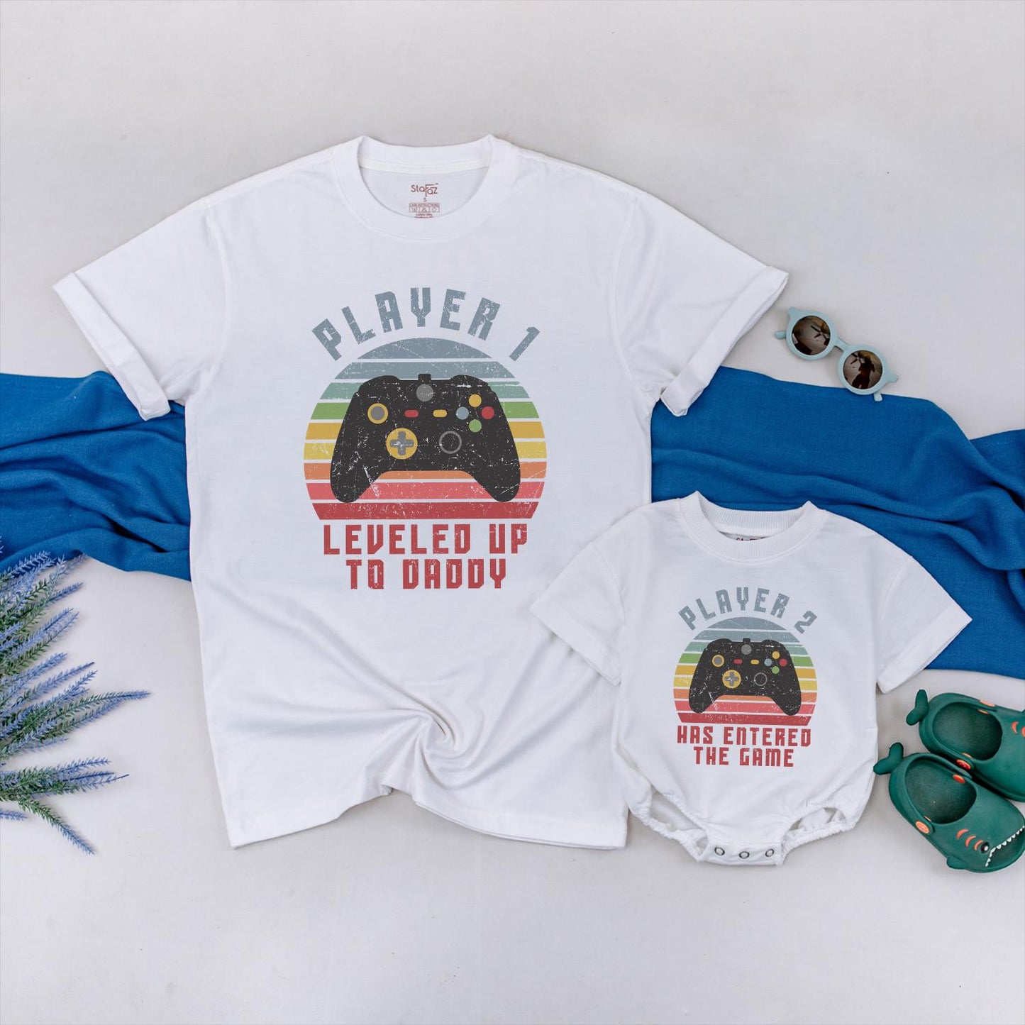 Leveled Up Daddy & Baby Matching Gamer Shirts, Player 2 Has Entered the Game, Black Controller, Red, Orange, Yellow, Blue, Green, Vintage Dad Gift
