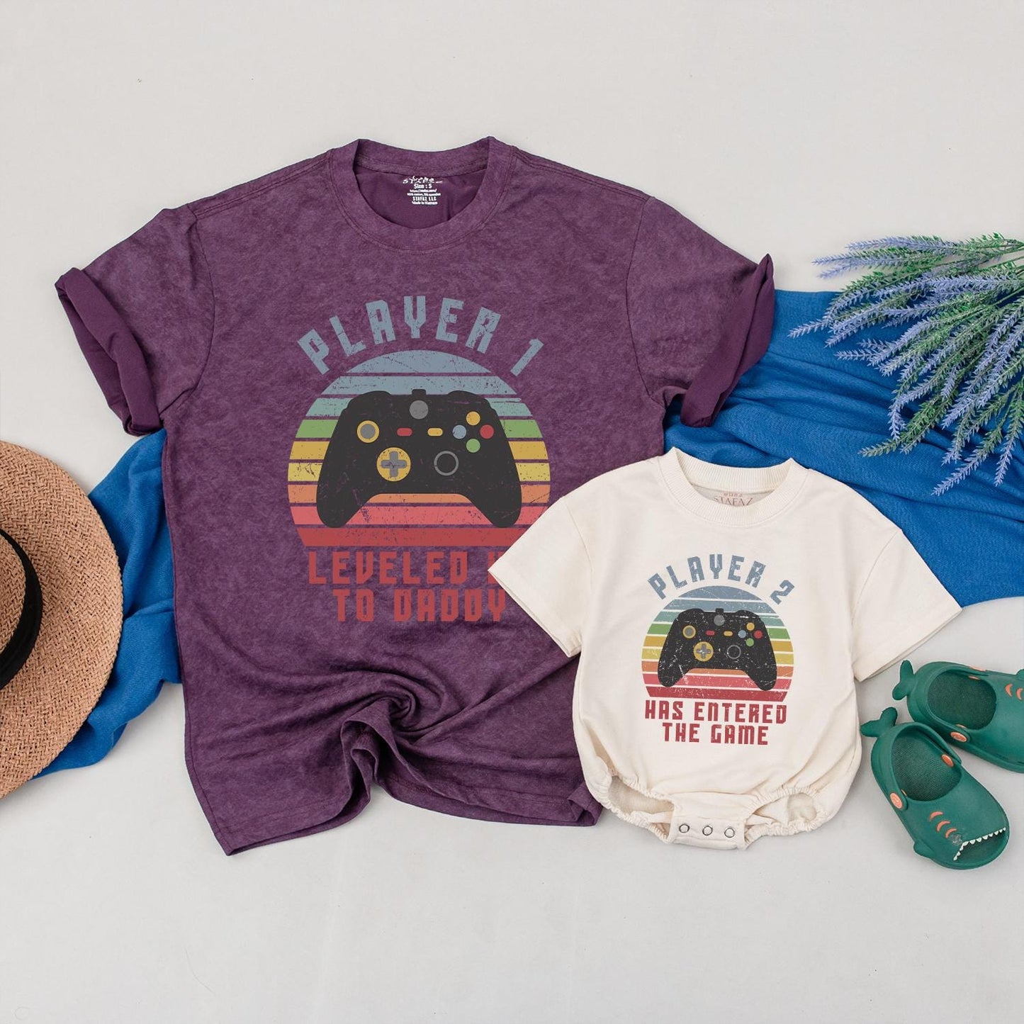 Leveled Up Daddy & Baby Matching Gamer Shirts, Player 2 Has Entered the Game, Black Controller, Red, Orange, Yellow, Blue, Green, Vintage Dad Gift