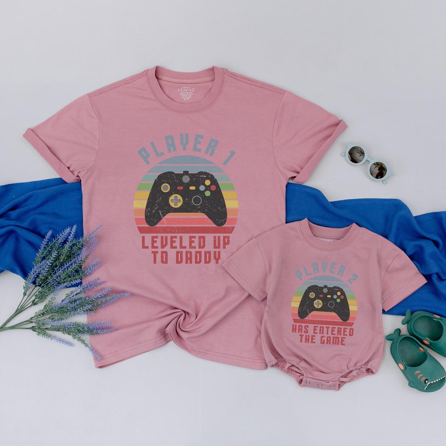 Leveled Up Daddy & Baby Matching Gamer Shirts, Player 2 Has Entered the Game, Black Controller, Red, Orange, Yellow, Blue, Green, Vintage Dad Gift
