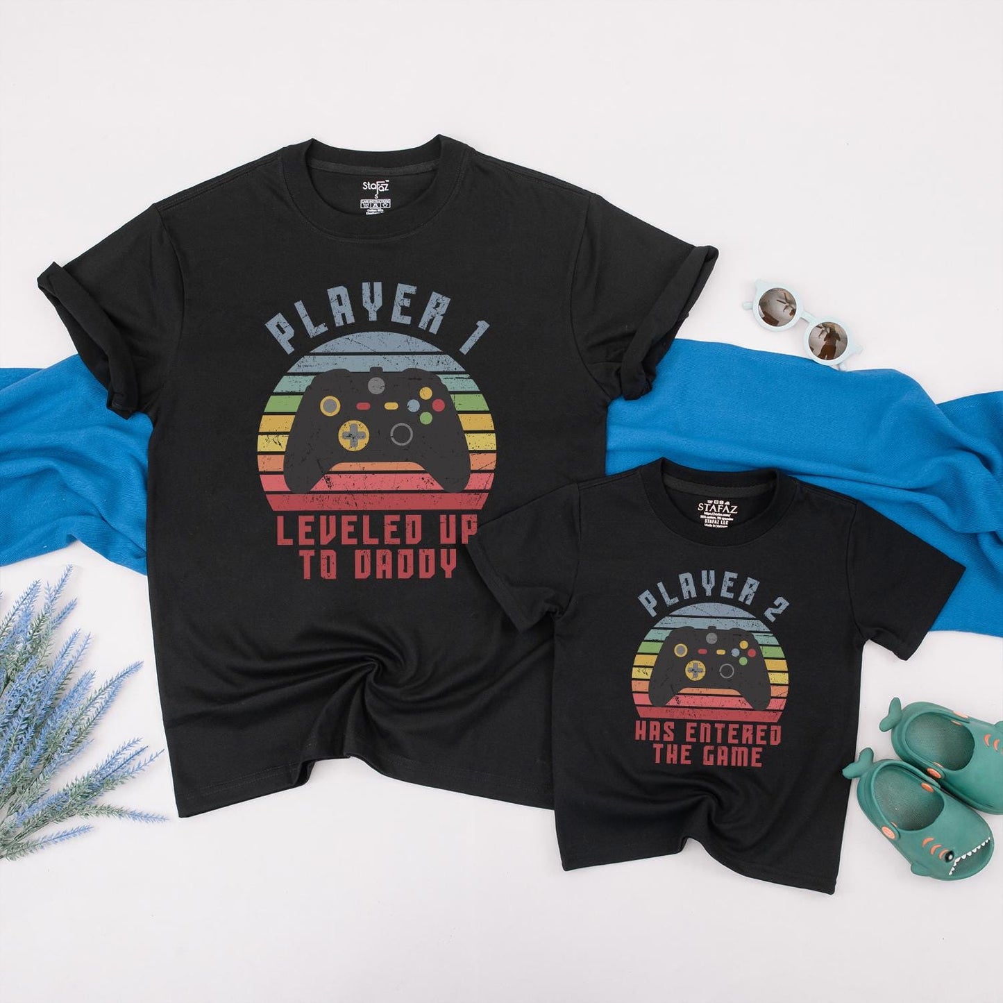 Leveled Up Daddy & Baby Matching Gamer Shirts, Player 2 Has Entered the Game, Black Controller, Red, Orange, Yellow, Blue, Green, Vintage Dad Gift
