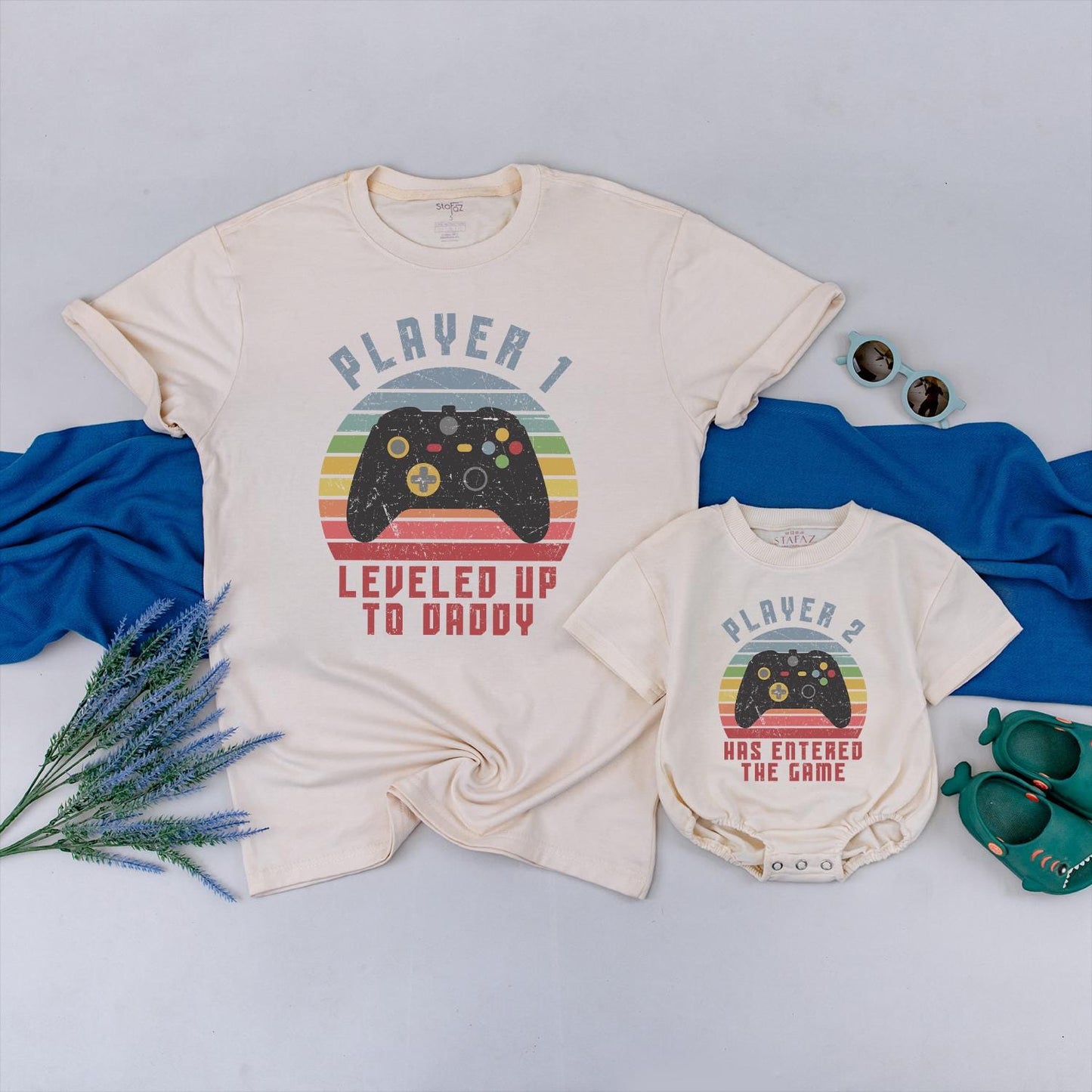Leveled Up Daddy & Baby Matching Gamer Shirts, Player 2 Has Entered the Game, Black Controller, Red, Orange, Yellow, Blue, Green, Vintage Dad Gift