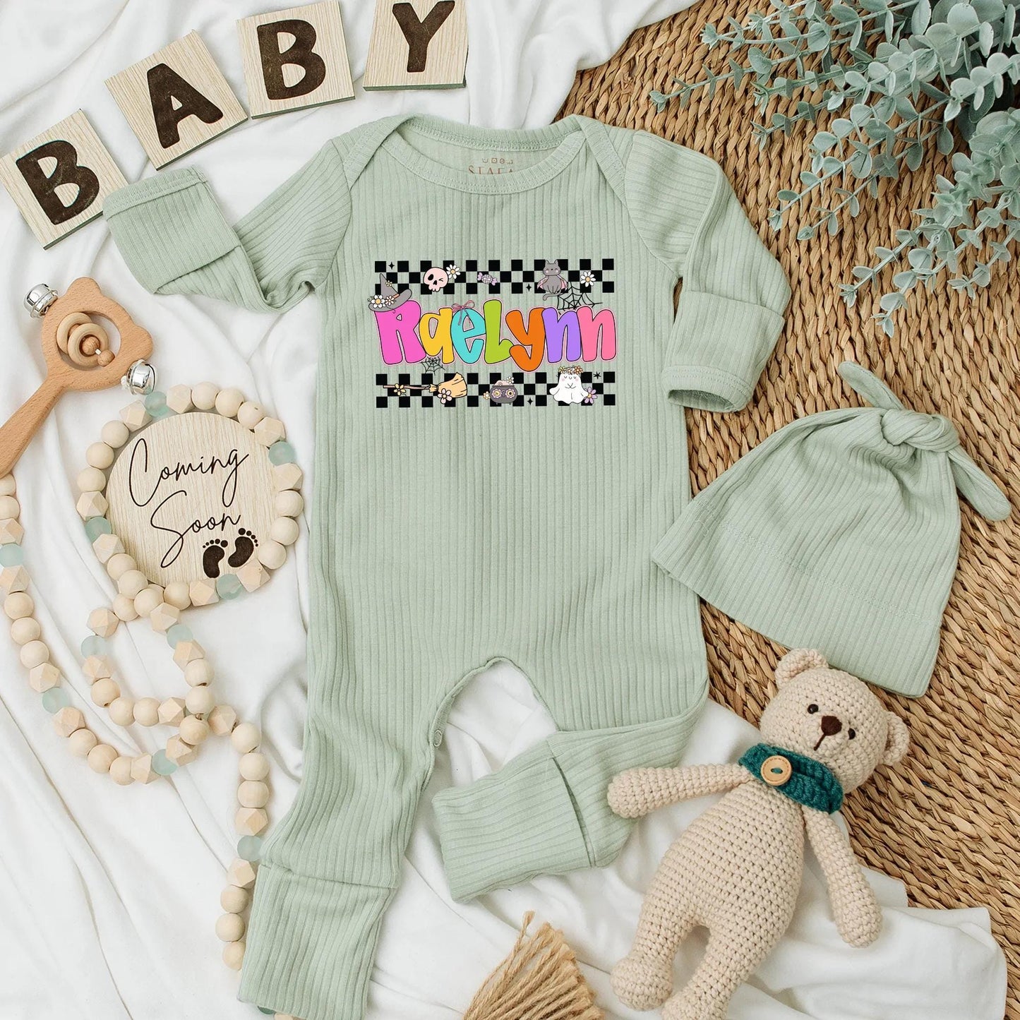 Personalized Raelynn Halloween Baby Bodysuit Retro Spooky Newborn Outfit Custom Name Baby Clothes First Halloween Gift