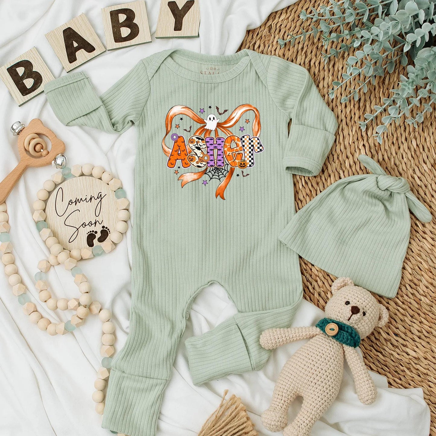 Ashton's Spooky Halloween Baby Bodysuit, Bow Ghost, Personalized Name Outfit, First Halloween Costume, Cute Spiderweb Design, Baby Shower Gift Clothes
