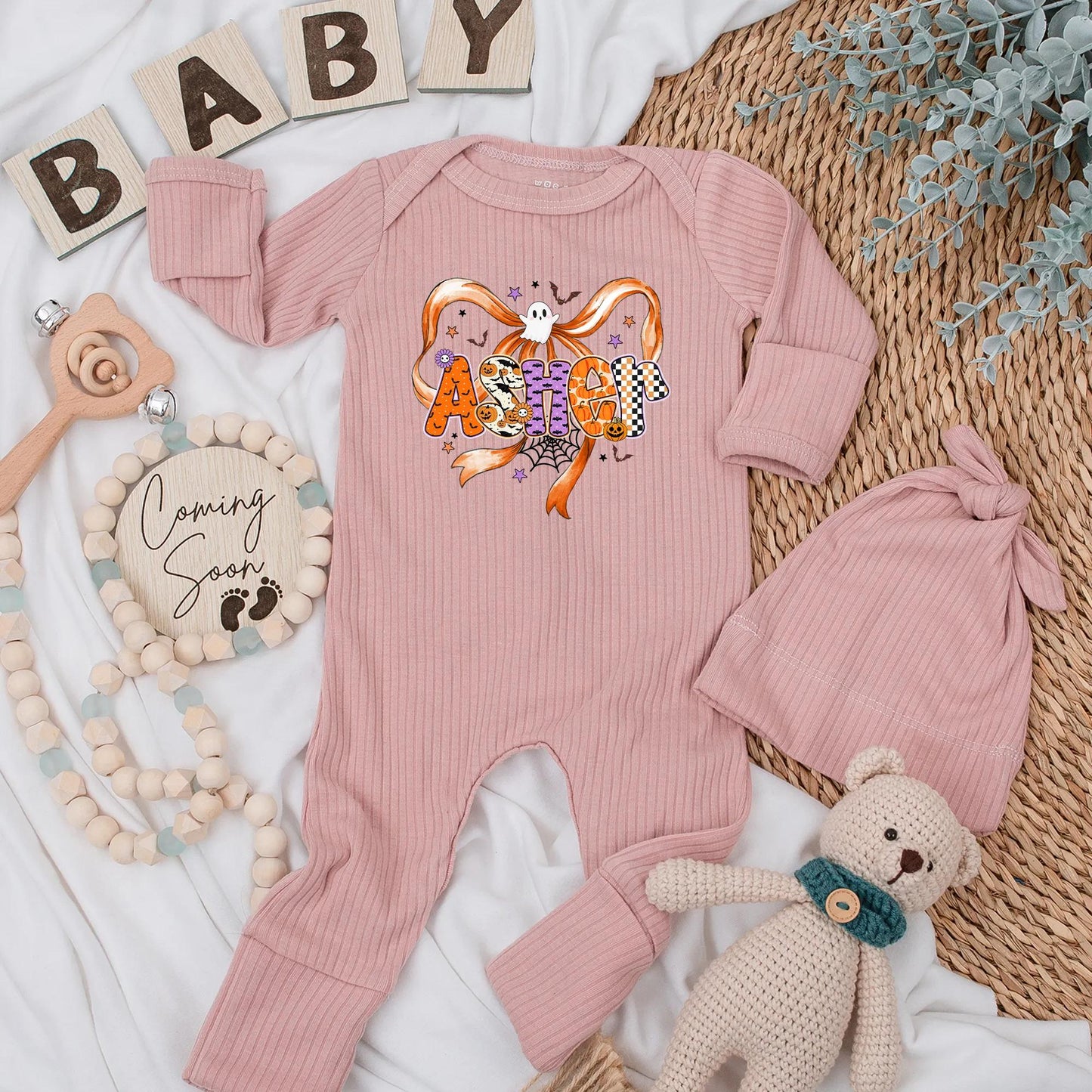 Ashton's Spooky Halloween Baby Bodysuit, Bow Ghost, Personalized Name Outfit, First Halloween Costume, Cute Spiderweb Design, Baby Shower Gift Clothes