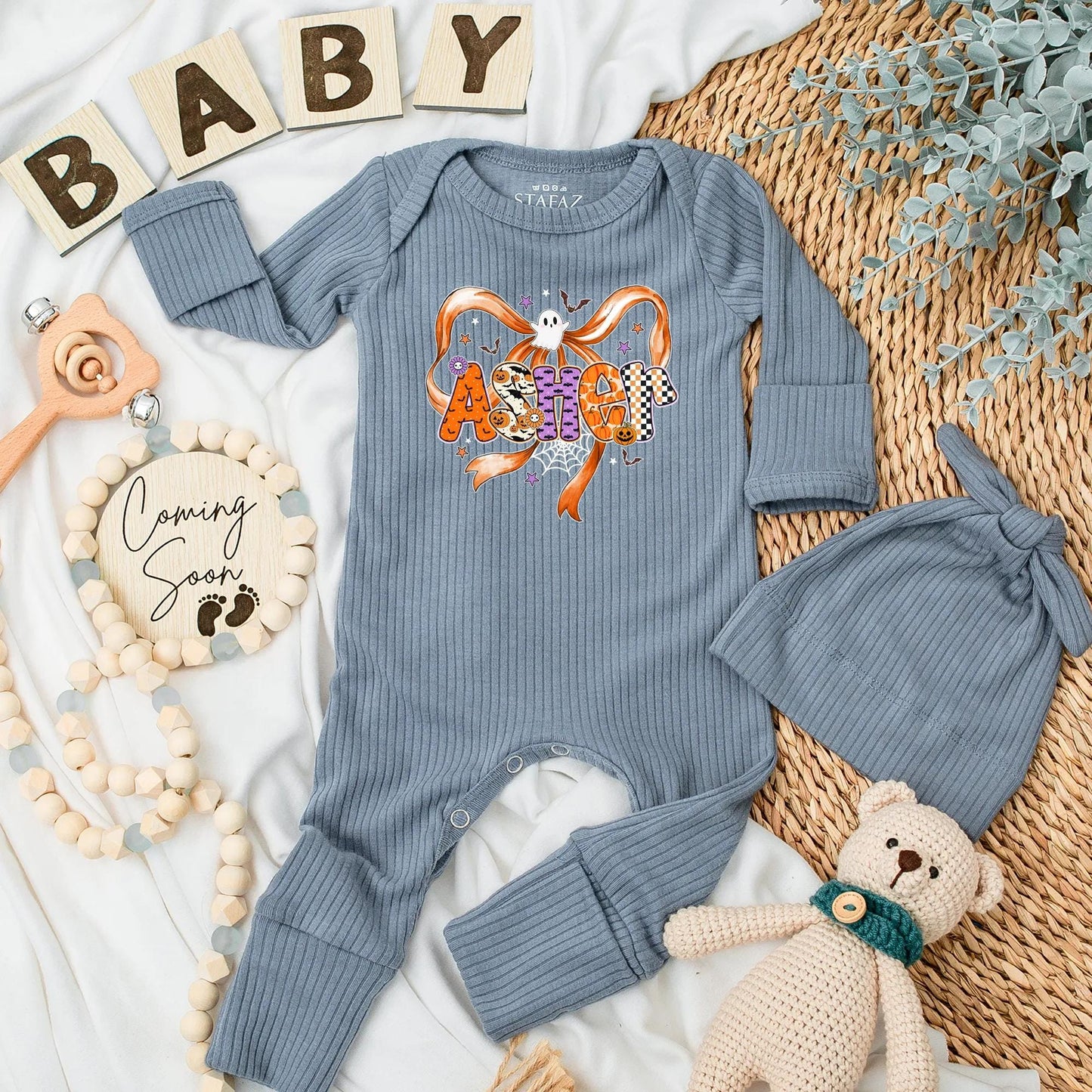 Ashton's Spooky Halloween Baby Bodysuit, Bow Ghost, Personalized Name Outfit, First Halloween Costume, Cute Spiderweb Design, Baby Shower Gift Clothes