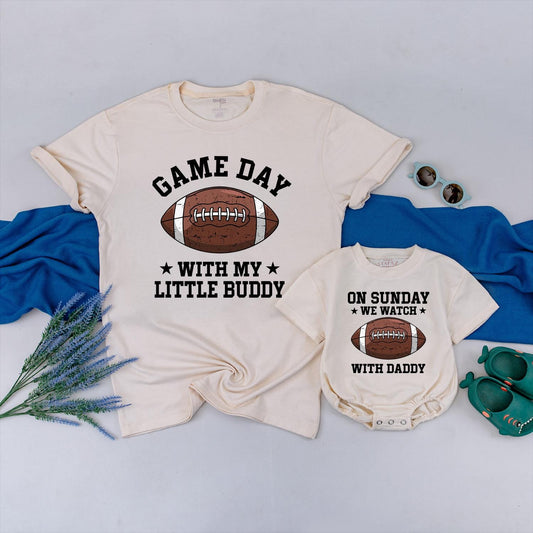Daddy and Me Football Game Day Shirts Father Son Matching Sunday Tee with Little Buddy Graphic Brown and White Football Season Outfit Gift