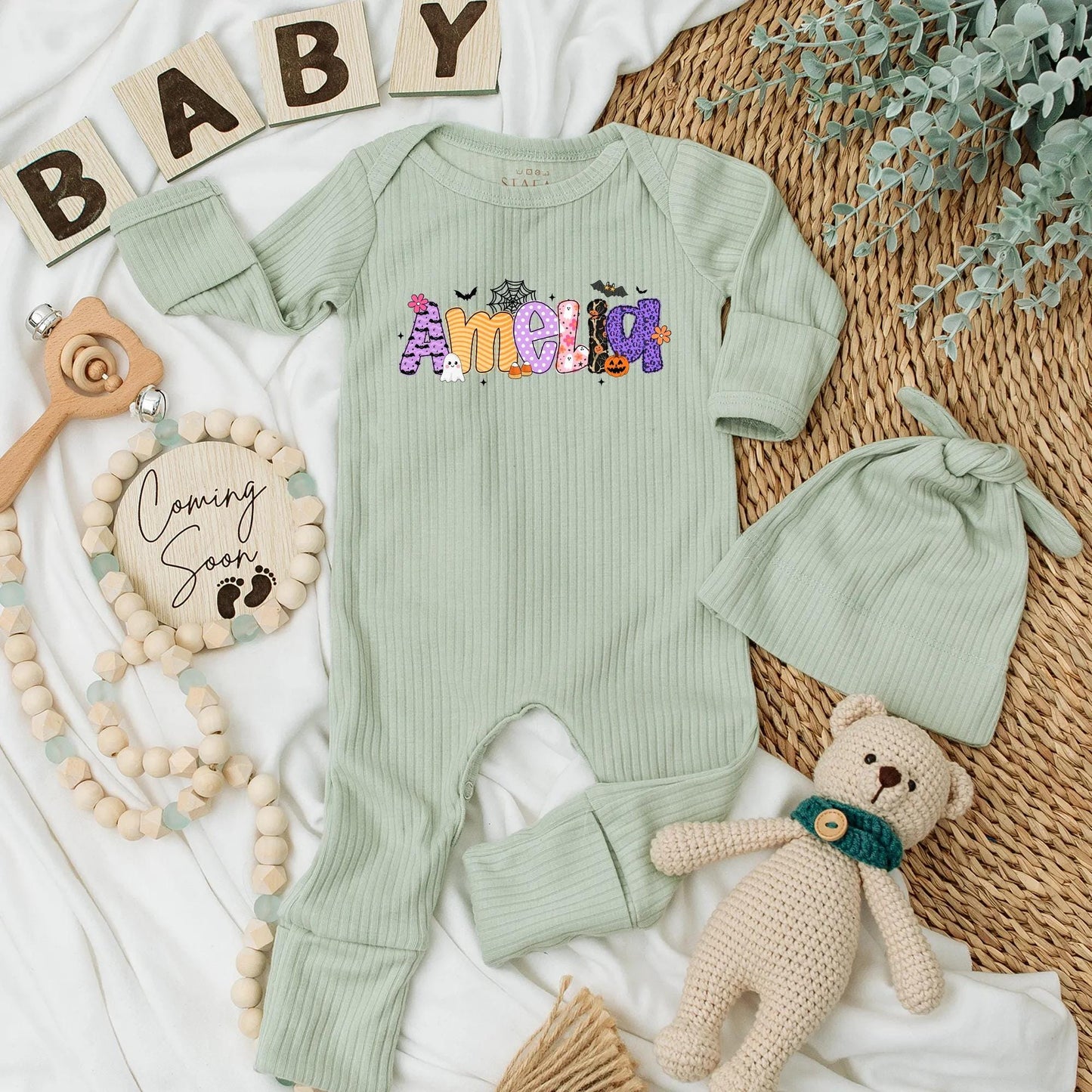 Amelia's Girly Halloween Baby Bodysuit Custom Name Ghost Bat Pumpkin Baby Girl Spooky Season Outfit Newborn Girl Gift