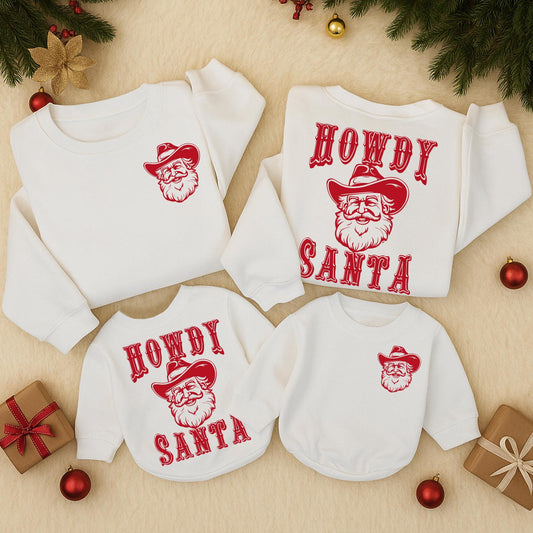 Howdy Santa Retro Christmas Sweatshirt Toddler Outfit Cute Cowboy Santa Graphic Vintage Red Line Art Western Holiday Baby Gift 130 Characters