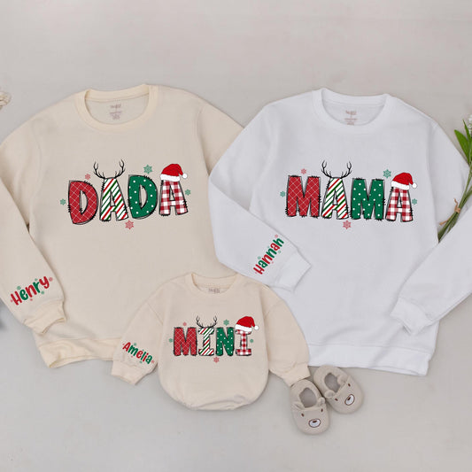 Matching Family Christmas Sweaters: Personalized Mama Mini Holiday Outfit, Red & Green Design, Plaid, Dotted & Striped Letters, Reindeer, Santa