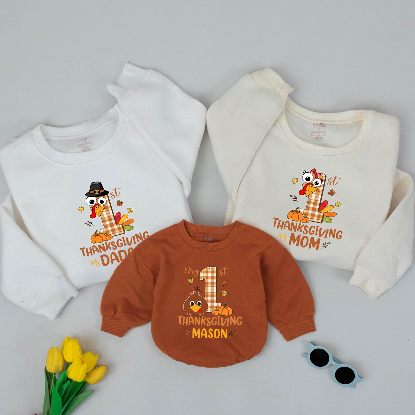 Personalized My First Thanksgiving Matching Family Shirts Baby Sweatshirt Mom Dad Kids Fall Thankful Pilgrim Turkey Plaid Pumpkin Outfit