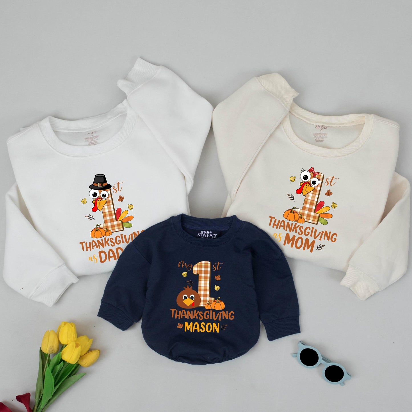 Personalized My First Thanksgiving Matching Family Shirts Baby Sweatshirt Mom Dad Kids Fall Thankful Pilgrim Turkey Plaid Pumpkin Outfit