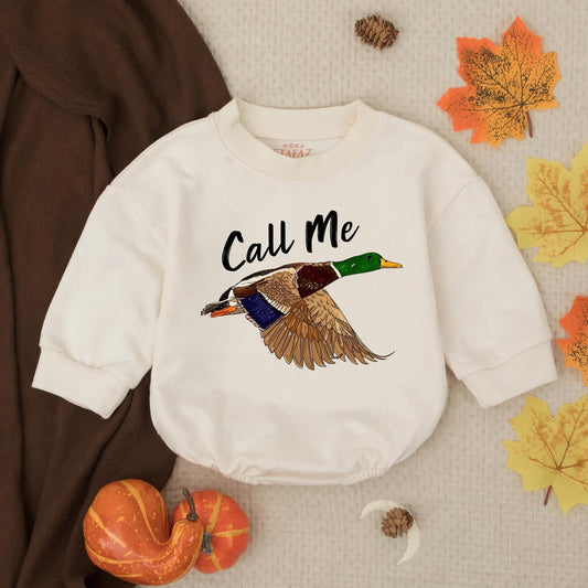 Baby Boy Duck Hunting Bubble Romper, Southern Mallard Duck in Flight Bodysuit, 'Call Me' Text, Casual Outdoor Outfit, Baby Shower Gift