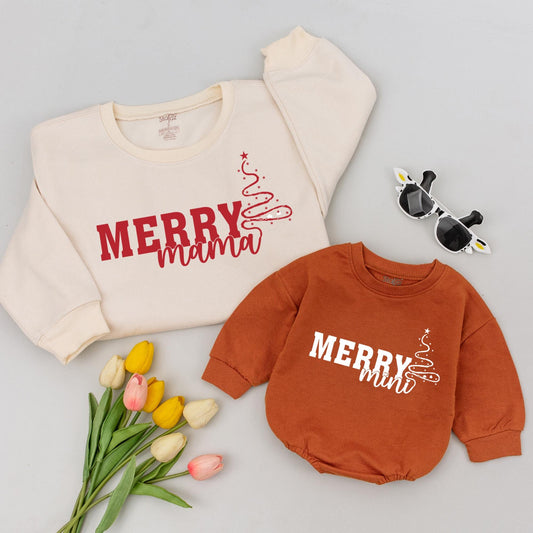 Merry Mama Dada Mini Matching Family Christmas Outfits Red Festive Tree Design Mommy and Me Sweaters for Holiday Celebrations