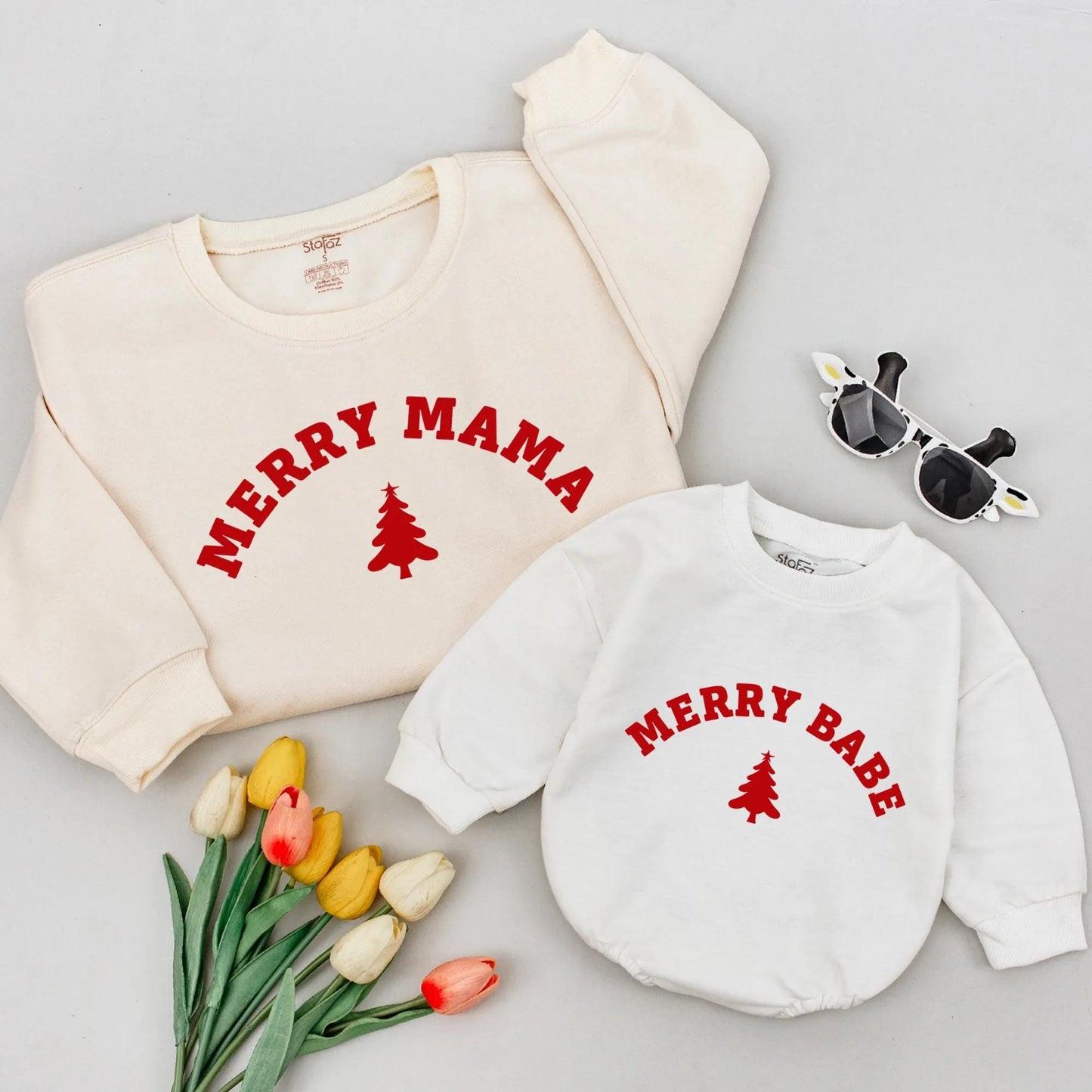 Merry Mama & Babe Christmas Shirts: Matching Mommy & Me Red Tree Holiday Sweatshirt Set, Family Xmas Gift