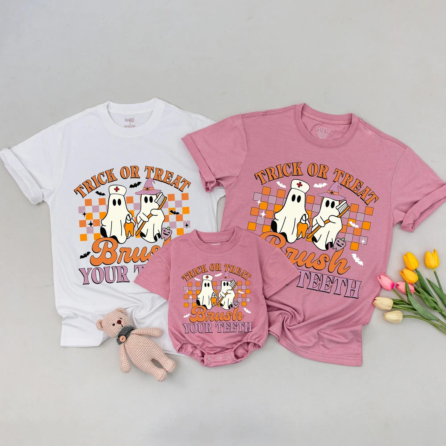 Funny Halloween Baby Shirt Trick or Treat Brush Your Teeth Cute Ghost Design Mommy and Me Matching Outfit