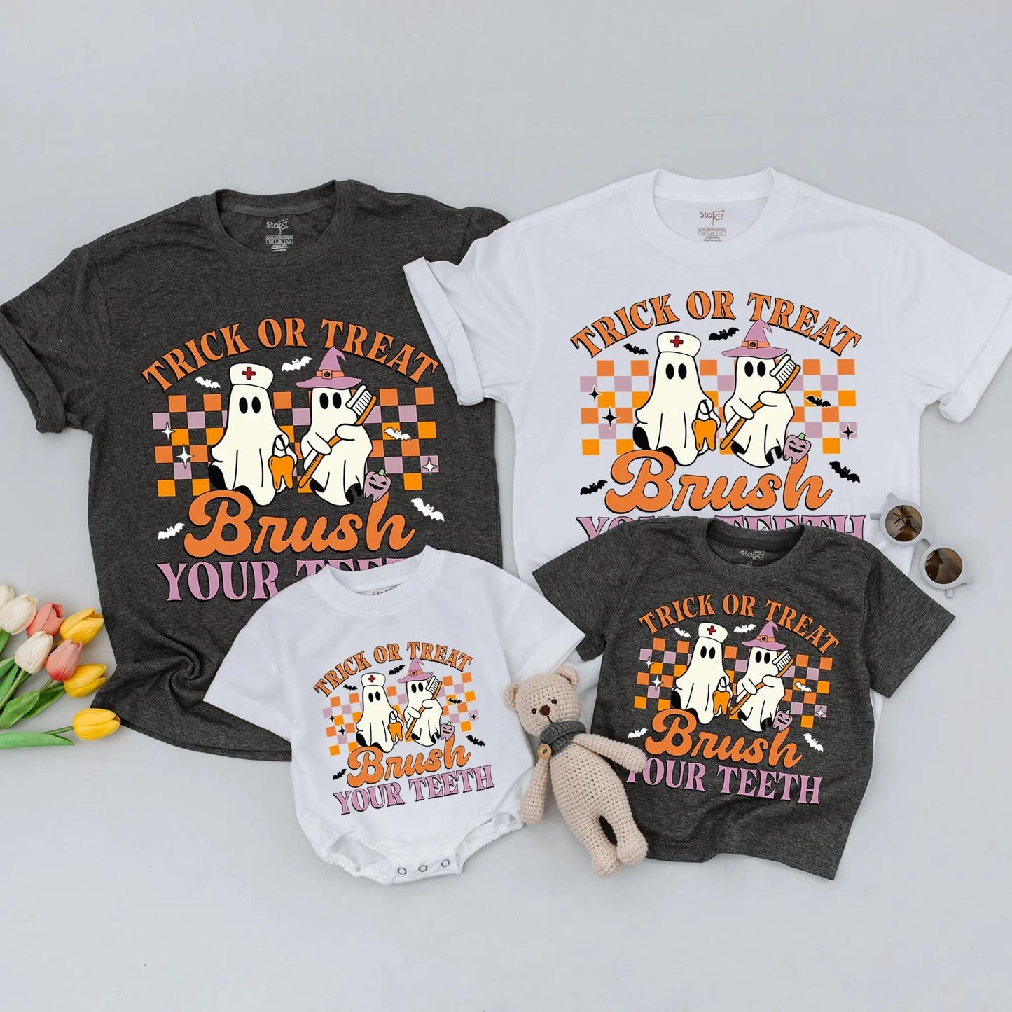 Funny Halloween Baby Shirt Trick or Treat Brush Your Teeth Cute Ghost Design Mommy and Me Matching Outfit