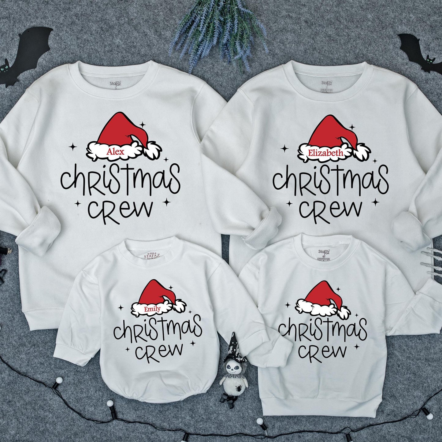 Matching Christmas Crew Family Sweatshirts with Santa Hat Design Custom Names Holiday Outfits