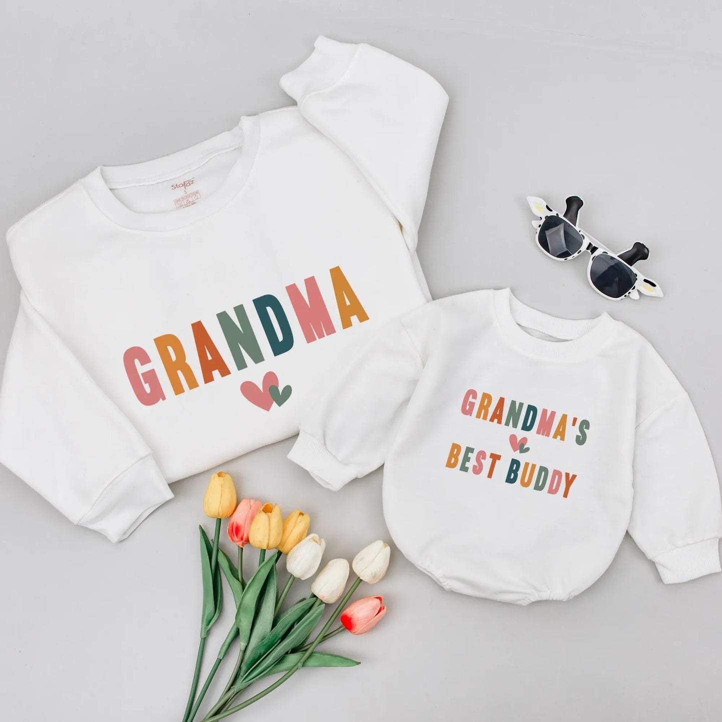 Personalized Grandma & Best Buddy Matching Sweatshirt Set Colorful Pastel Hearts Grandchild Gift Baby Shower New Grandmother Reveal Outfit