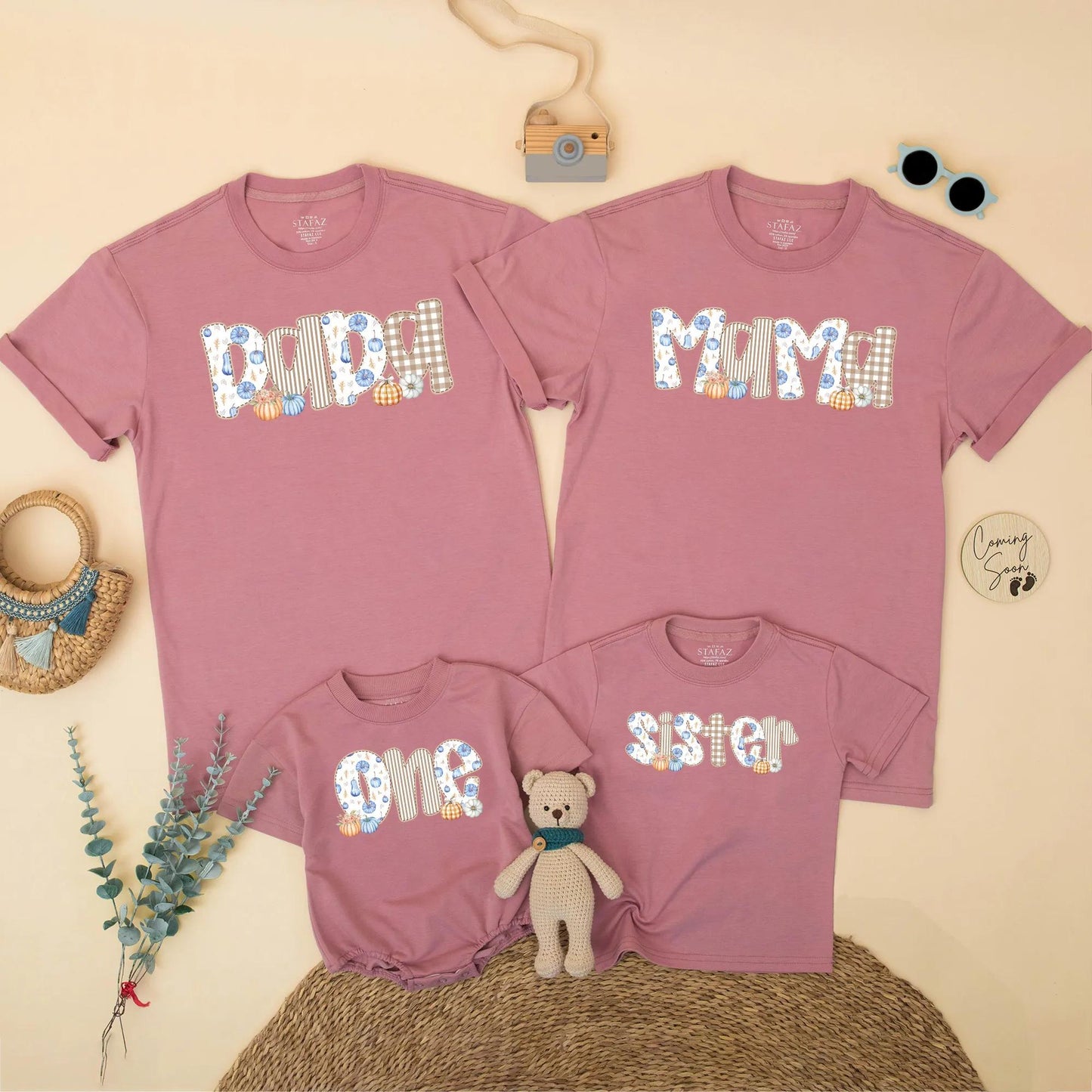 Fall Family Matching Shirts Dada Mama Brother One, Blue Orange Pumpkin Patch Thanksgiving Outfit, Baby's First Birthday Boy Gingham Floral Top (139 chars)