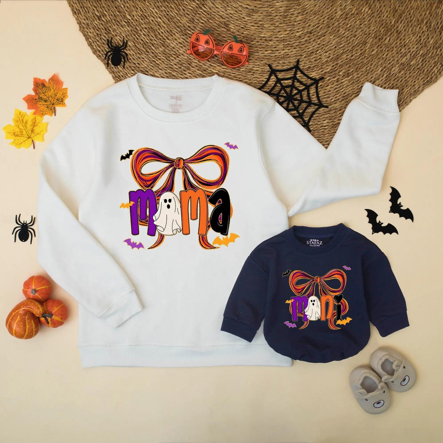 Mama & Mini Halloween Matching Sweatshirts: Spooky Cute Bow Sweaters for Mom & Daughter, Girly Bat Silhouette Fall Outfit, Comfy Halloween Gift (139 chars)