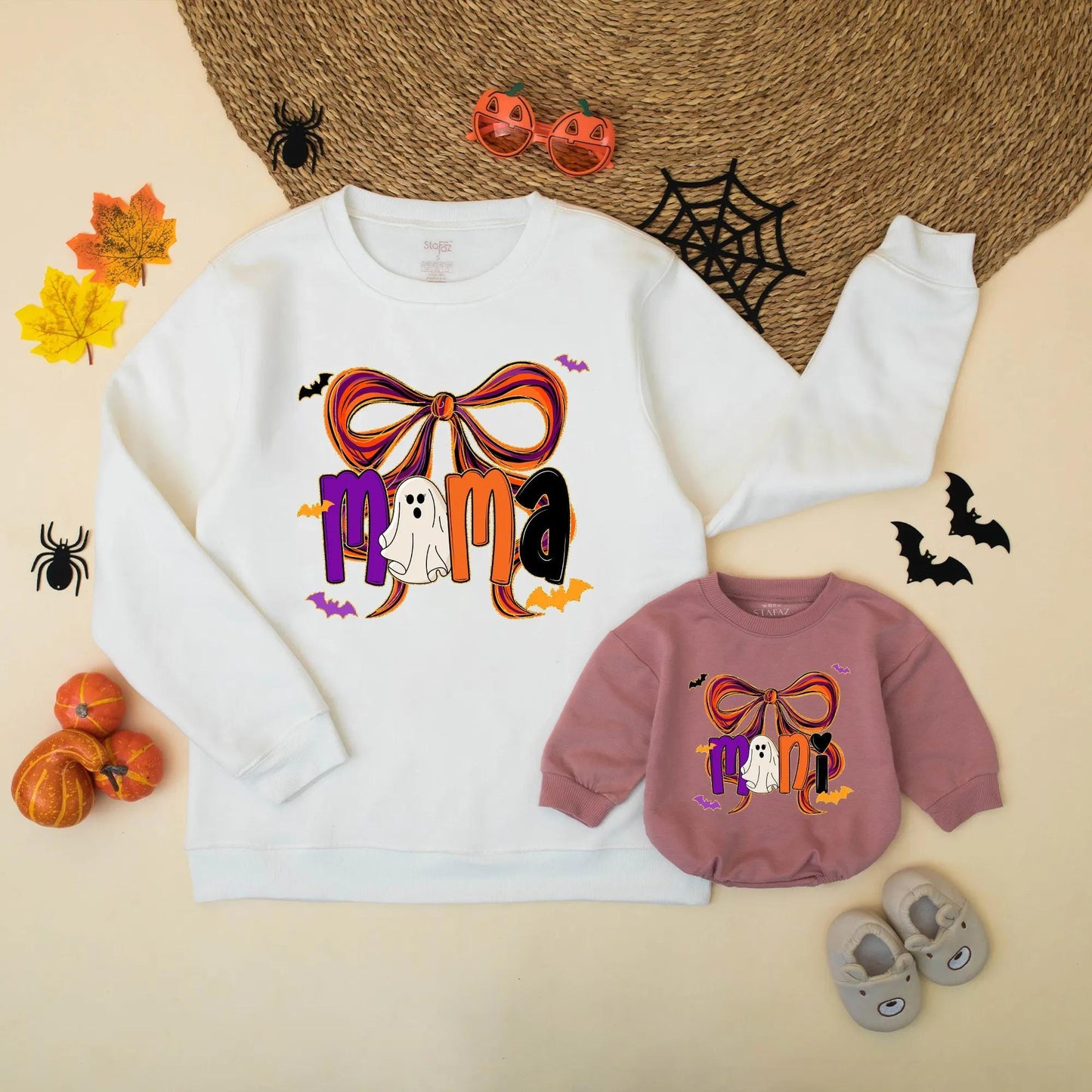 Mama & Mini Halloween Matching Sweatshirts: Spooky Cute Bow Sweaters for Mom & Daughter, Girly Bat Silhouette Fall Outfit, Comfy Halloween Gift (139 chars)