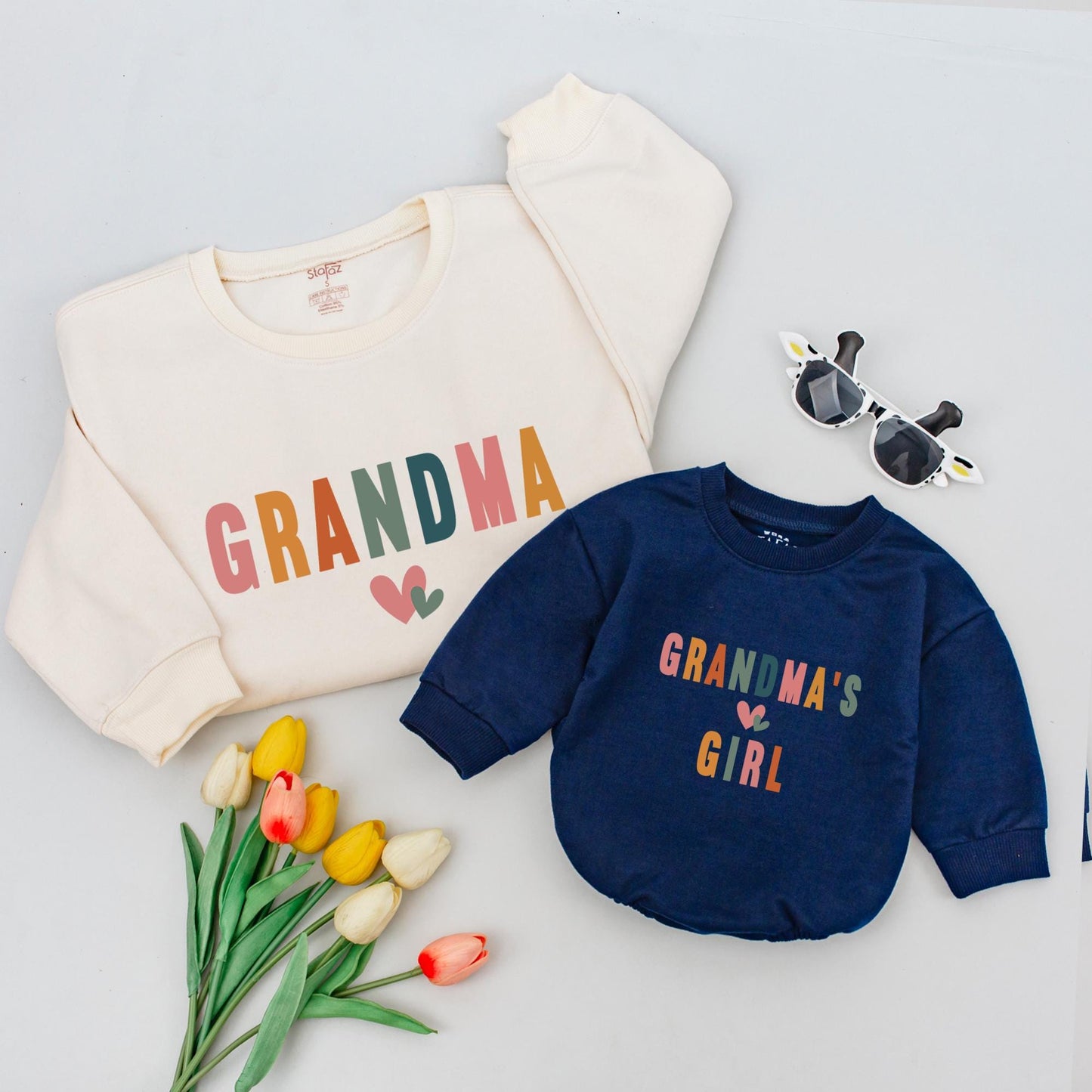 Personalized Grandma & Best Buddy Matching Sweatshirt Set Colorful Pastel Hearts Grandchild Gift Baby Shower New Grandmother Reveal Outfit