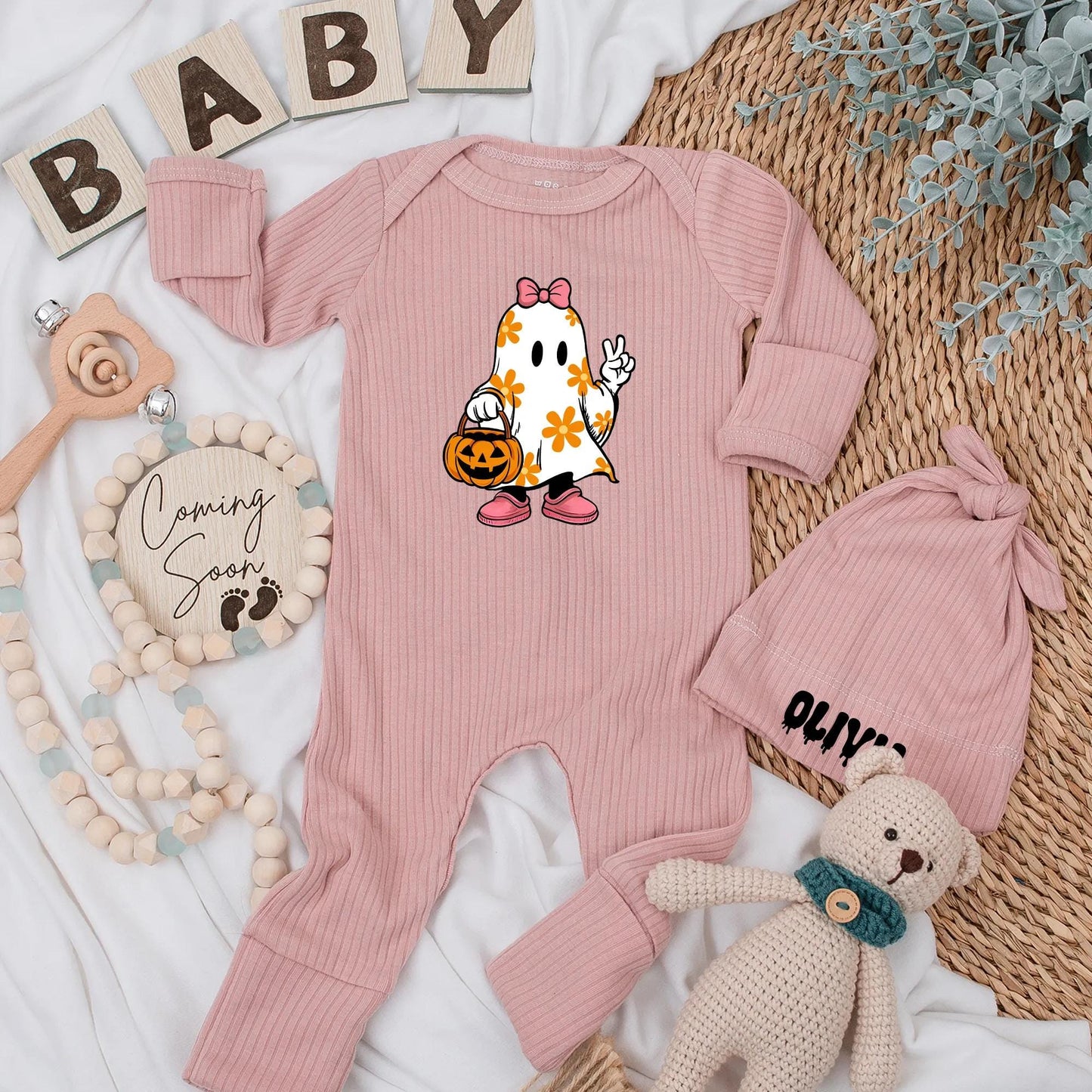 Personalized Baby Girl Ghost Bodysuit Cute Bow Ghost Floral Halloween Outfit Pumpkin Candy Bucket Spooky Baby Shower Gift