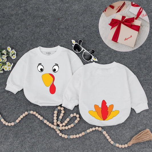 Cute Turkey Face Sweatshirt, Thanksgiving Outfit for Baby Toddler, Funny Fall Holiday Costume Shirt for Boys Girls, Playful Cartoon Design, 130-140 chars